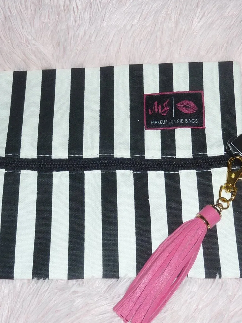 NWT Makeup Junkie Bag Glam Black and White Stripe Zippered